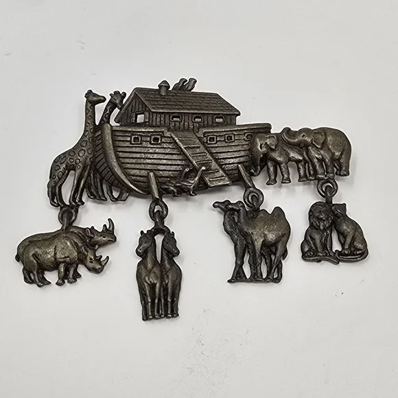 Vintage JJ Jonette pin brooch Noah's Ark 1980s dangle charms wild animal camel - Picture 3 of 7
